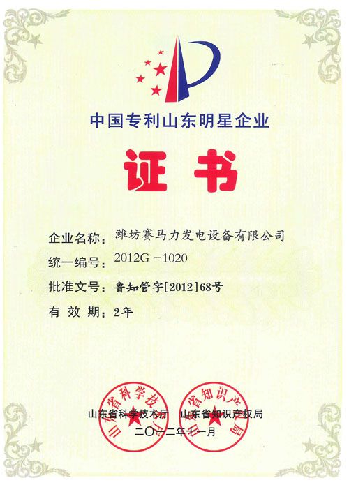 China Patent Shandong Star Enterprise Certificate